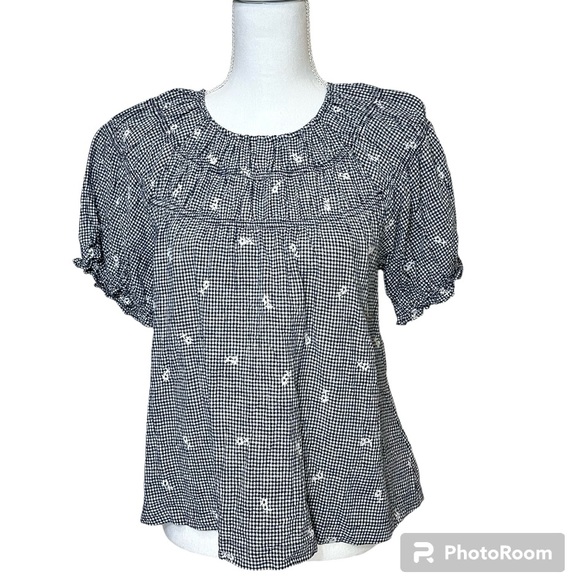 Madewell Embroidered Gingham Shirred Puff Sleeve Top - Picture 2 of 16